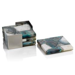 Zoey Modern Classic Green Agate Stone 4 Piece Coasters with Steel Tray