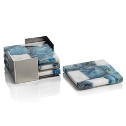 Zoey Modern Classic Blue Agate Stone 4 Piece Coasters with Steel Tray