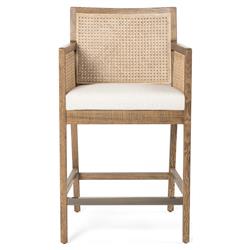 Annette Coastal Beach White Performance Natural Woven Cane Brown Wood Arm Counter Stool