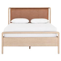 Matthew Modern Classic Brown Upholstered Leather Beige Oak Wood Bed - Queen
