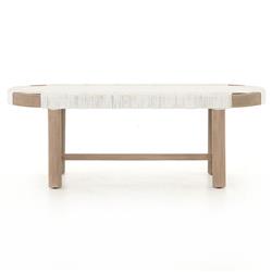 Summer Coastal Beach White Woven Rope Natural Teak Wood Outdoor Bench