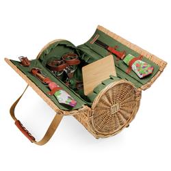 Kattie Rustic Brown Willow Green Lining Picnic Basket with Serverware for 2