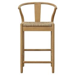 Zhuri Coastal Beach Light Brown Oak Wood Frame Woven Seat Wishbone Counter Stool