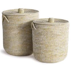 Elias French Country White Seagrass Hamper Basket with Lids - Set of 2