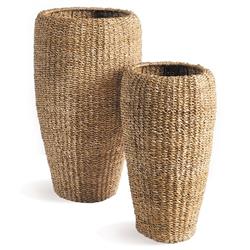 Zuri French Country Brown Woven Seagrass Round Basket Planter - Set of 2