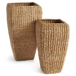 Zuri French Country Brown Woven Seagrass Square Basket Planter - Set of 2