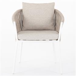 Porter Coastal Beach Beige Cushion White Aluminum Woven Outdoor Dining Arm Chair