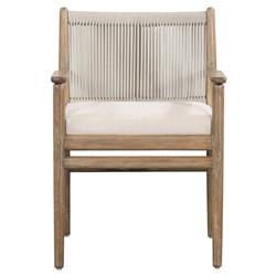 Rose Coastal Off White Upholstered Seat Woven Rope Wood Outdoor Dining Arm Chair