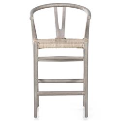 Wanda Mid Century Modern Grey Teak Woven Wicker Seat Wishbone Outdoor Counter Stool