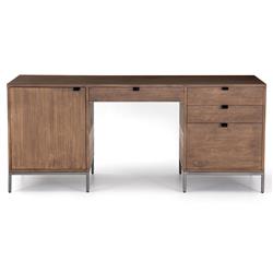 Theodore Industrial Loft Brown Wood Black Leather Pull Office Desk