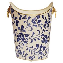 Worlds Away Regency Cream Metal Blue Leaves Gold Accent Oval Wastebasket