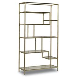Greta Hollywood Regency Gold Iron Glass Shelves Open Back Office Etagere