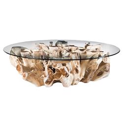 Natasha Coastal Beach Clear Glass Top Natural Teak Root Coffee Table