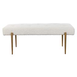 Orion Hollywood Antique Brass Frame White Faux Shearling Tufted Bench