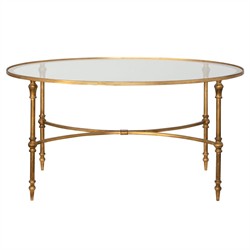 Victoria Hollywood Regency Antiqued Gold Frame Glass Top Oval Coffee Table