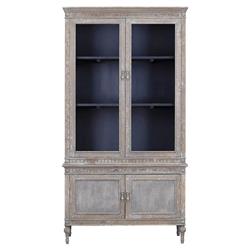 Jona French Country Grey Pine Clear Glass Door Dining Hutch China Cabinet|