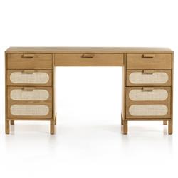 Allie Coastal Light Brown Oak Wood Natural Woven Cane Desk