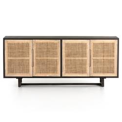 Marina Coastal Beach Black Solid Mango Wood Woven Cane Sideboard