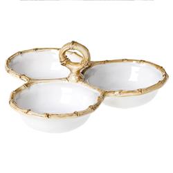 Juliska Natural Bamboo Rim White Ceramic Triple Cocktail Serving Bowl