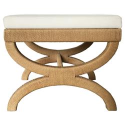 Worlds Away Xanadu Coastal Beach White Upholstered Seat Natural Rope Stool