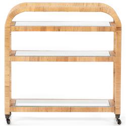 Breech Coastal Beach Brown Rattan Frame Clear Glass Caster Bar Cart