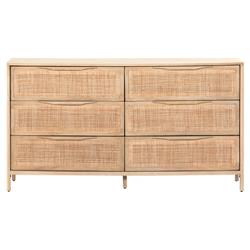 Rhian Coastal Beach Natural Mango Wood Woven Cane 6 Drawer Double Dresser