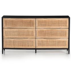 Rhian Coastal Beach Black Mango Wood Frame Natural Woven Cane 6 Drawer Double Dresser