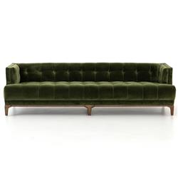 Allen Mid Century Green Velvet Brown Wood Frame Button Tufted Sofa - 91.25"W