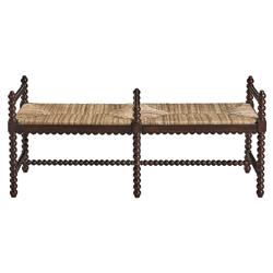 Meilani Coastal Brown Woven Seat Black Mahogany Wood Frame Long Entryway Bench