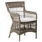 Sienna White Canvas Cushion Brown Faux Rattan Woven Outdoor Dining Arm Chair|Kathy Kuo Home
