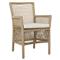 Sonia Coastal Beach White Upholstered Brown Woven Rope Outdoor Dining Arm Chair|Kathy Kuo Home