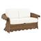 Cielo Coastal White Sunbrella Brown Wicker Scalloped Outdoor Loveseat - 63&quot;|Kathy Kuo Home