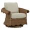 Cielo Coastal Beige Sunbrella Brown Wicker Scalloped Outdoor Swivel Glider Chair|Kathy Kuo Home