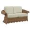 Cielo Coastal Beige Sunbrella Brown Wicker Scalloped Outdoor Loveseat - 63&quot;|Kathy Kuo Home