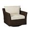 Club Woven Brown Wicker White Upholstered Outdoor Swivel Glider Chair|Kathy Kuo Home