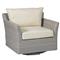 Club Woven Grey Wicker White Upholstered Outdoor Swivel Glider Chair|Kathy Kuo Home