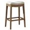 Amari French White Performance Brown Oak Wood Nailhead Backless Counter Stool|Kathy Kuo Home