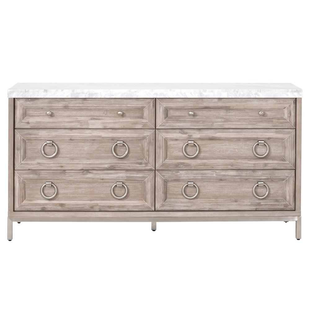Avril French Country White Marble Top Natural Grey Acacia Wood 6 Drawer  Double Dresser | Kathy Kuo Home