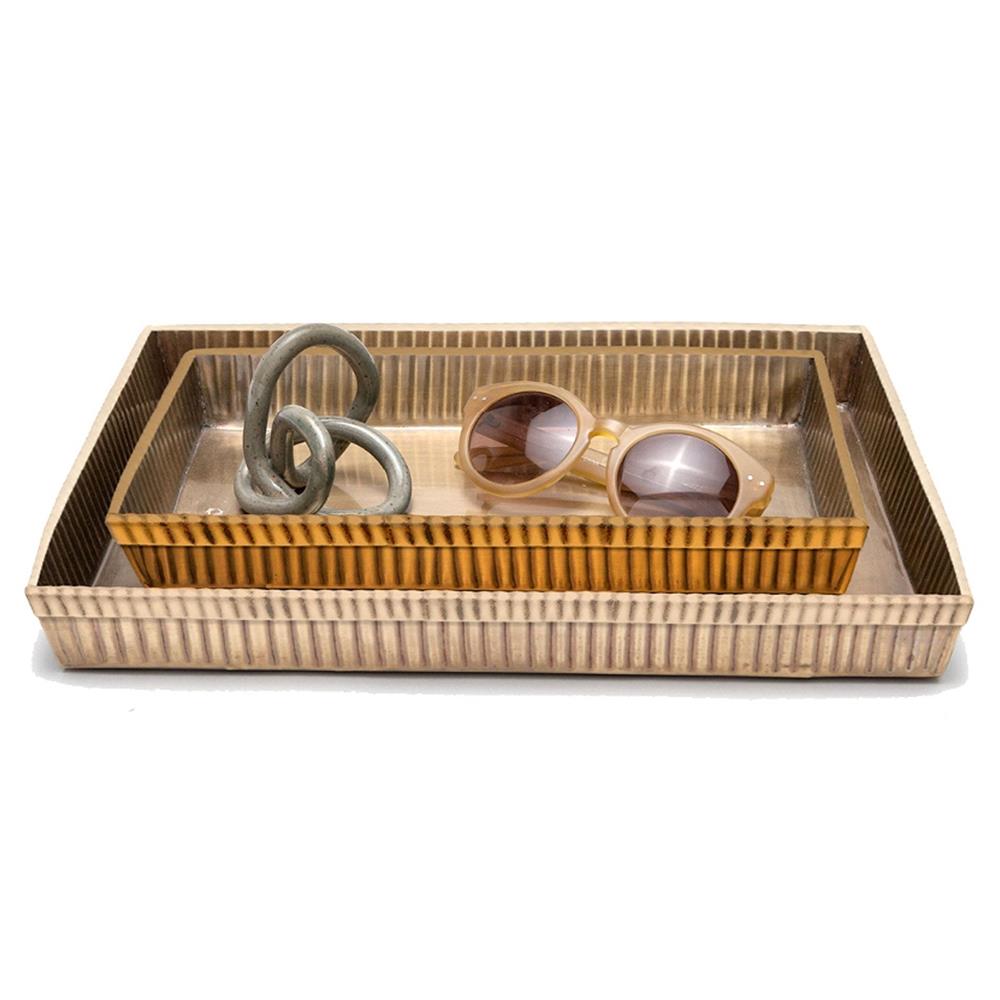 Pigeon and Poodle Redon Modern Antique Brass Ribbed Metal Tray - Set of 2|