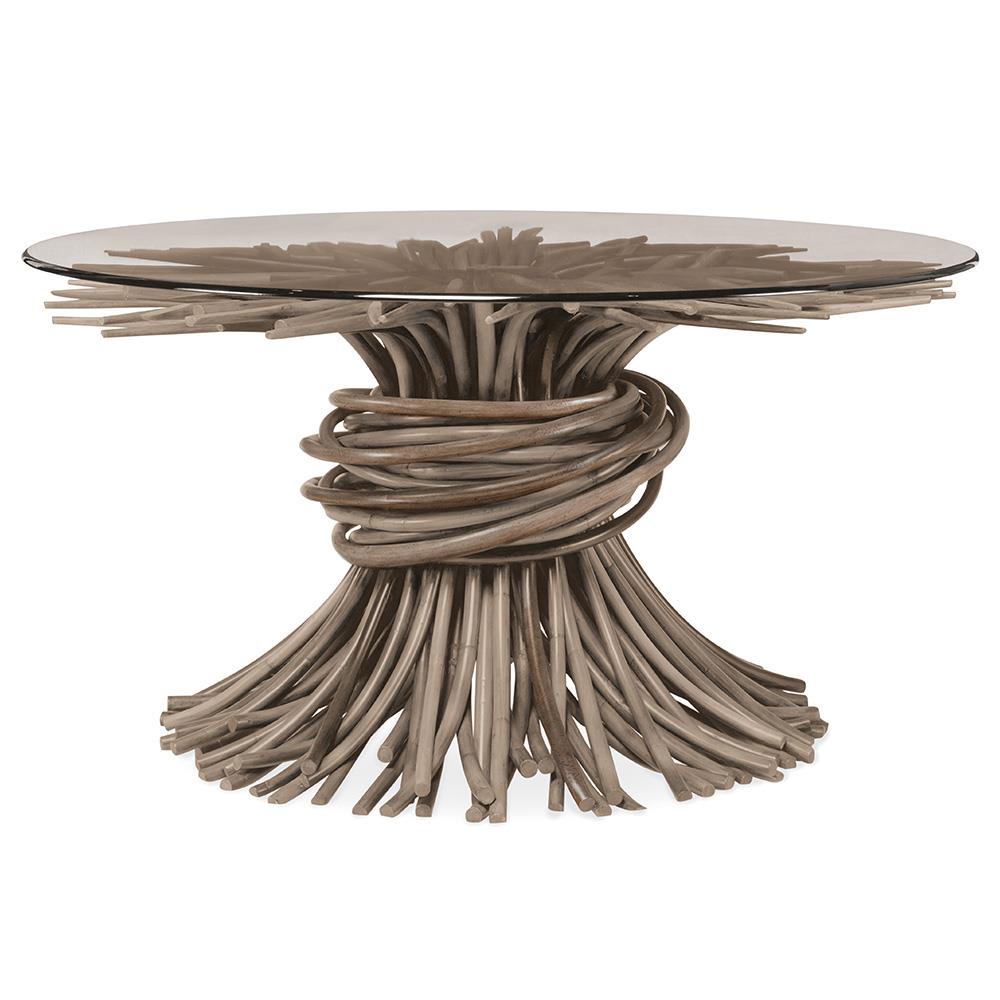 Century Knot Rustic Clear Glass Top Grey Rattan Base Round Dining
