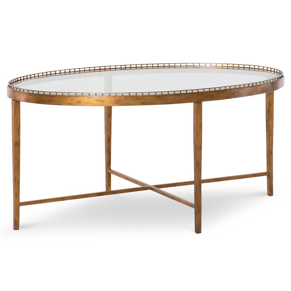 Century Logan Modern Classic Clear Tempered Glass Brass Metal Oval Coffee Table|