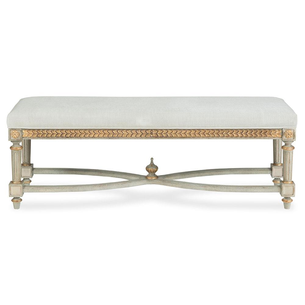 Century Corbett French Light Grey Upholstered Sage Green Wood Gold Accent Bench|