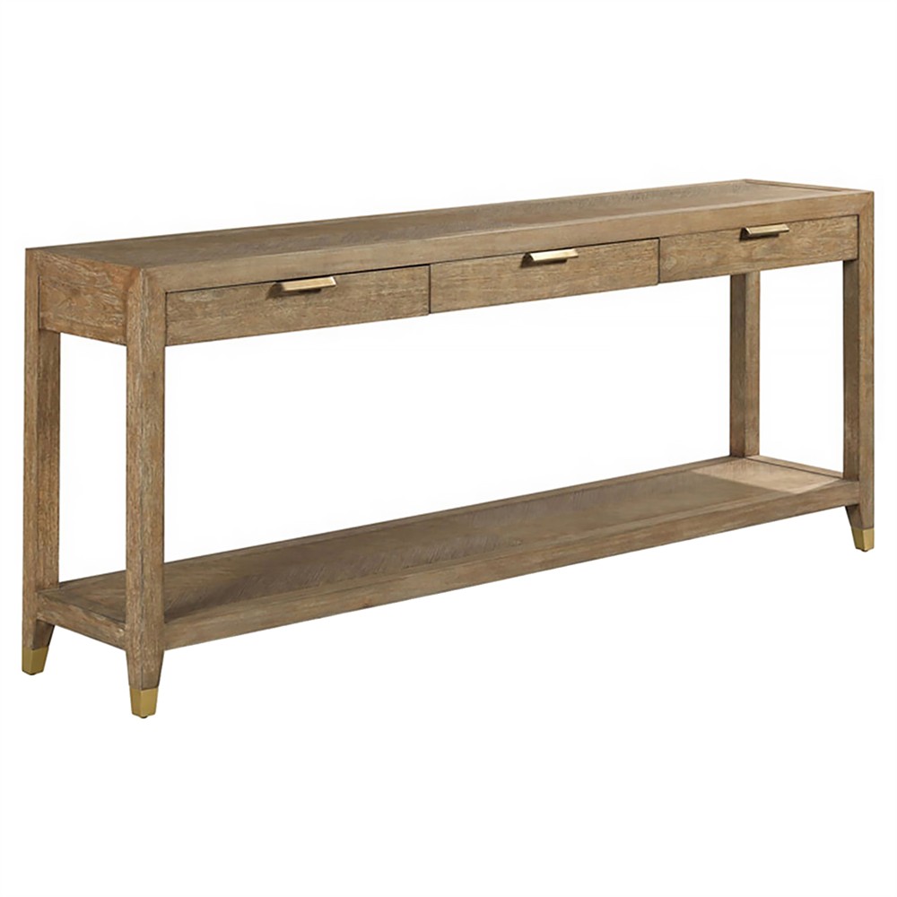 Gibson Rustic Lodge Vintage Brown Oak Brass Rectangular Console Table|