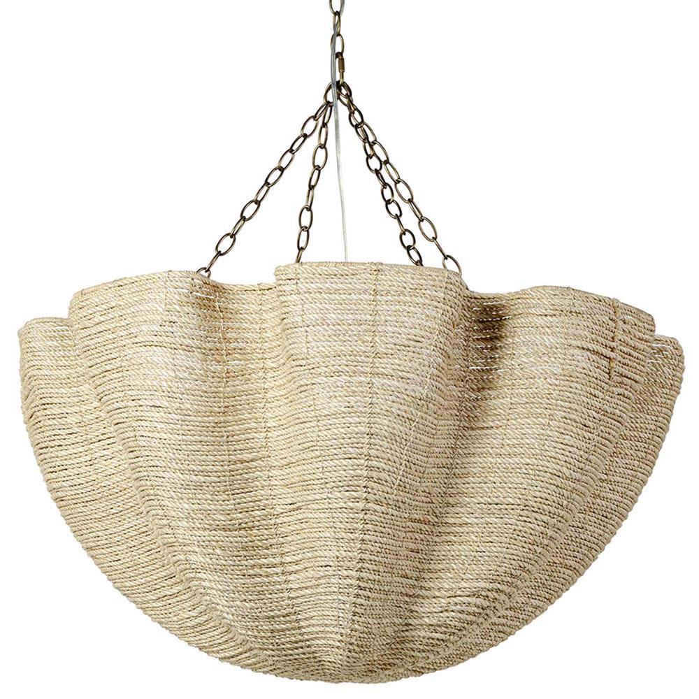 Palecek Isla Coastal Beach Natural Woven Rope Antique Gold Metal Chandelier|