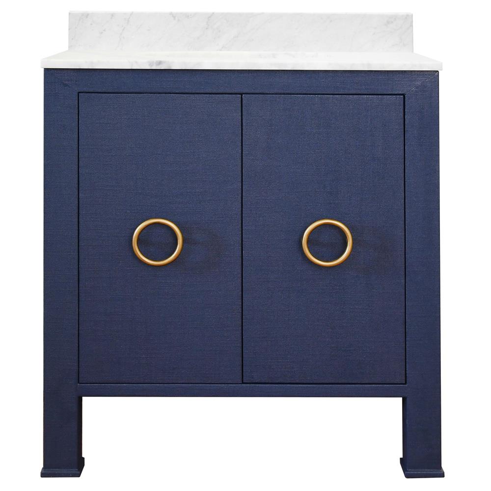 Worlds Away Blanche Modern Classic White Marble Navy Blue Linen Vanity Sink - 31"|