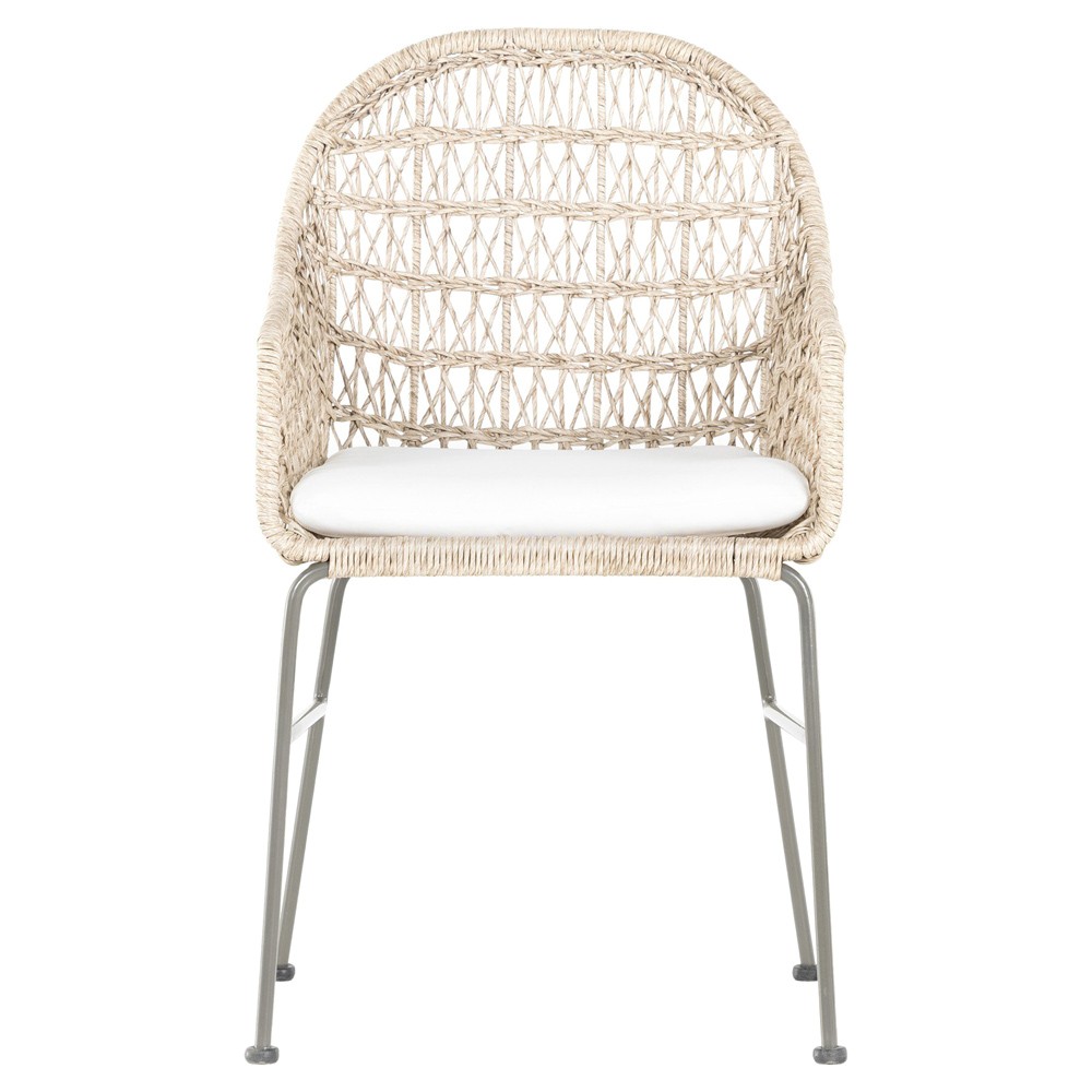Elena Coastal Beach White Cushion Beige Wicker Iron Frame Outdoor Dining Chair|