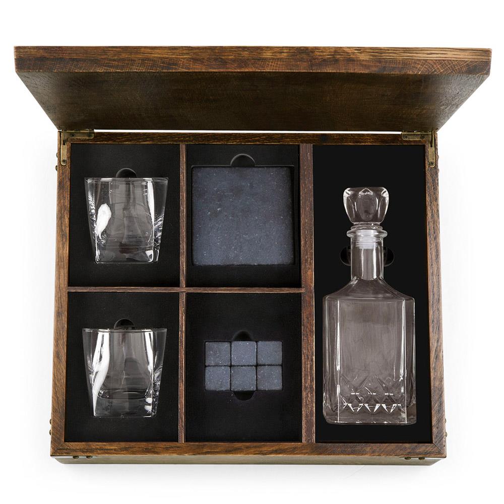 Michael Modern Classic Brown Oak Wood Whiskey Box with Decanter Gift Set|