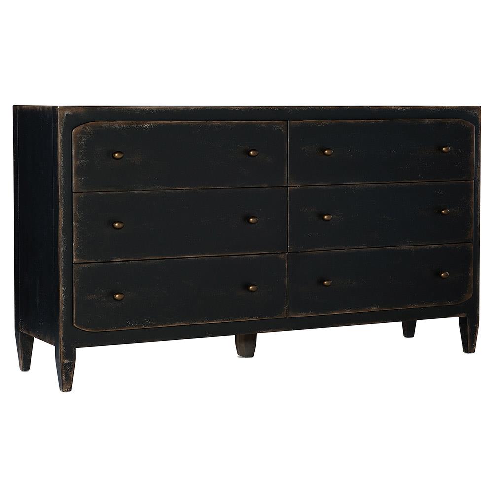 Harvey Rustic Lodge Black Maple Wood Brass Pull 6 Drawer Double Dresser|