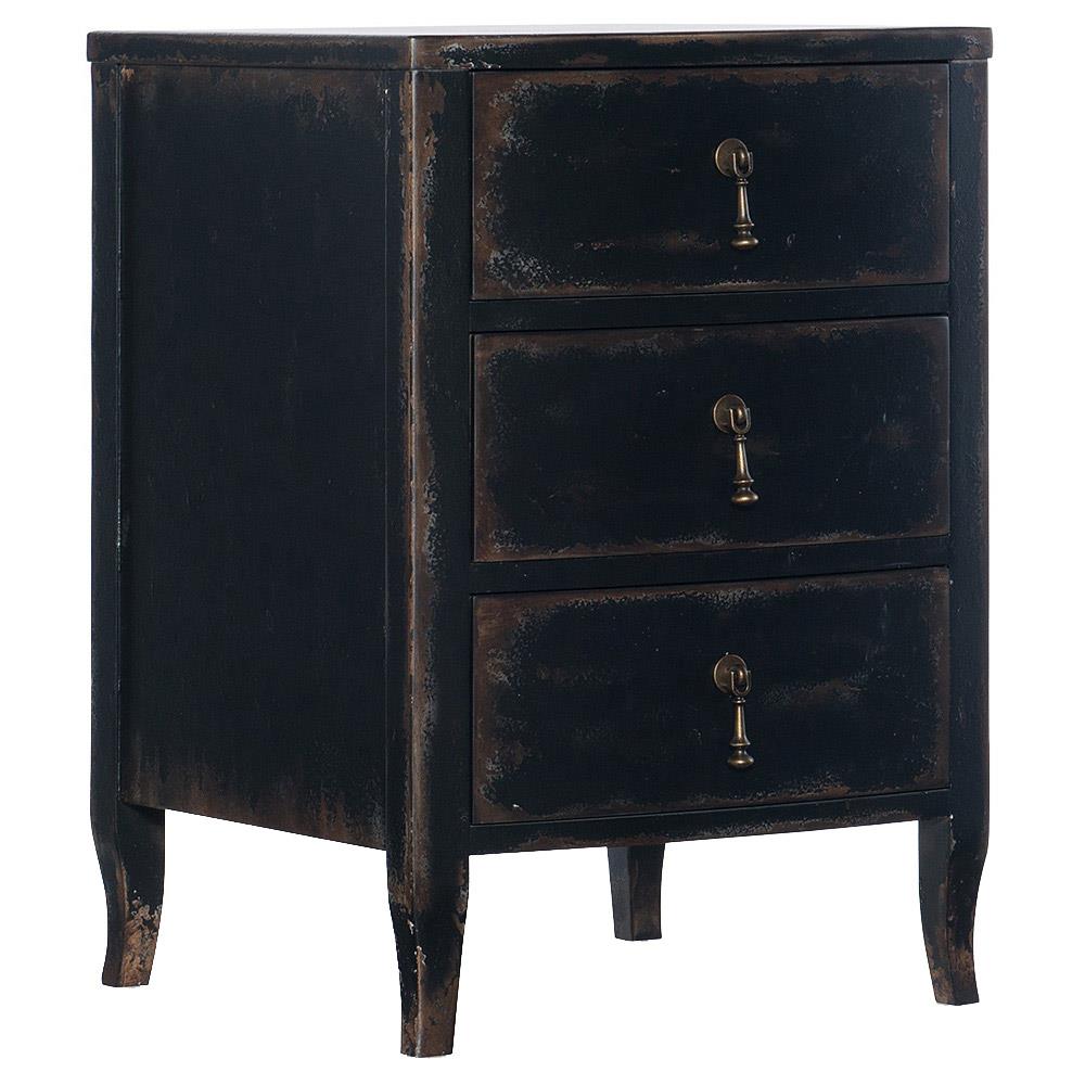 Harley French Country Distressed Black Maple Wood Brass Pull 3 Drawer Nightstand|