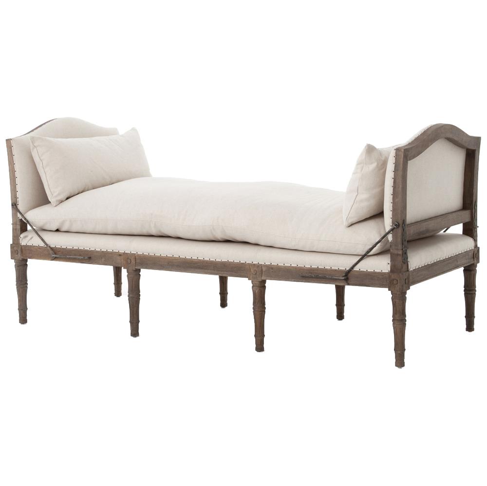 Sabine French Country Natural Linen Weathered Oak Bench Daybed|
